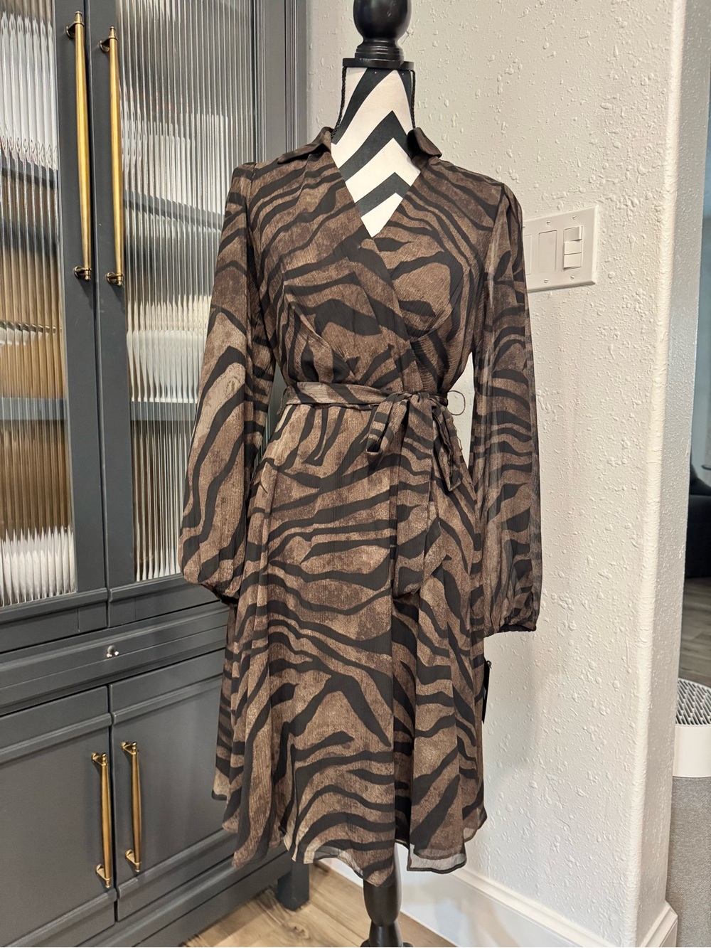 DKNY Brown and Black Zebra-Print Long Sleeve Knee Length Wrap Dress